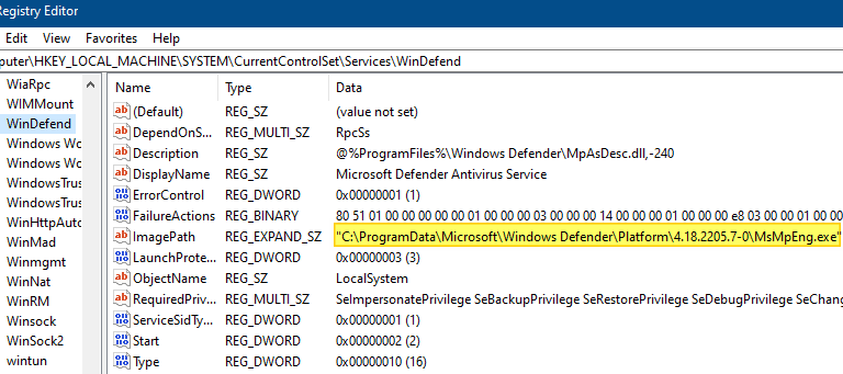 defender service error 2 - imagepath registry value