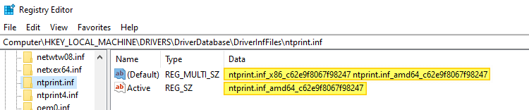 ntprint.inf registry drivers hive