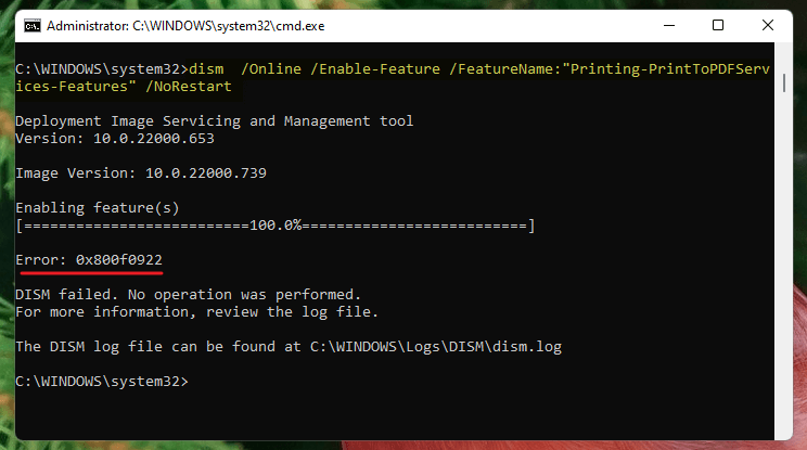 microsoft print to pdf error 0x800f0922 - dism