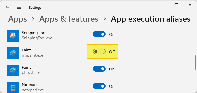 mspaint.exe classic app execution alias turn off