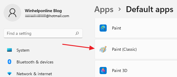 Classic Windows 10 Paint listed in Default Apps Windows 11
