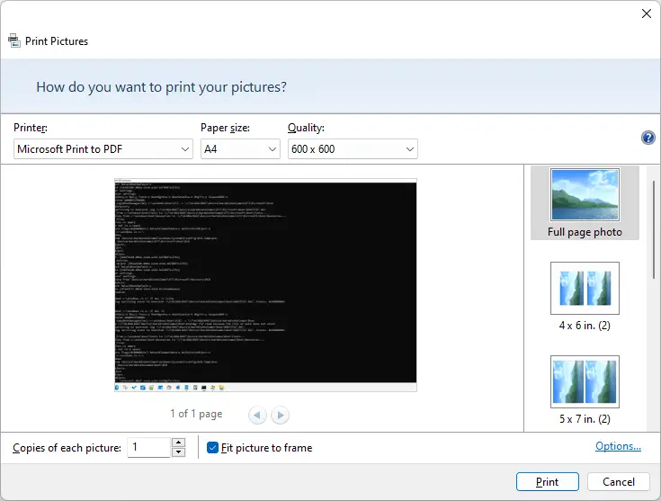 Print Pictures dialog opens when double-clicking photos