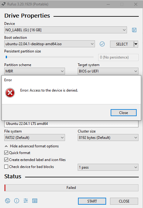 rufus error access is denied