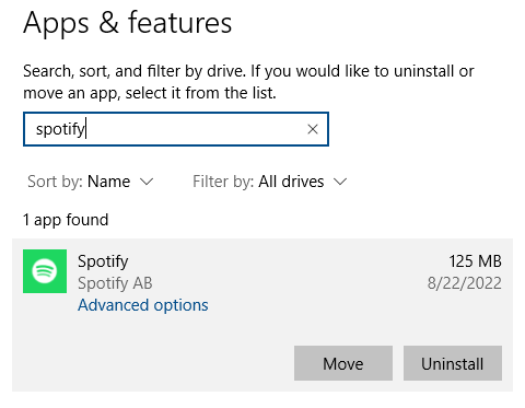 spotify installer error - uninstall spotify from Apps & Features