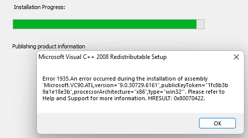 vc++ redist setup error 1935