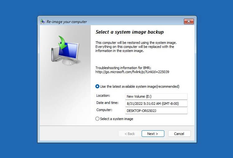 system image recovery in windows 11 or 10 - screenshots - windows re