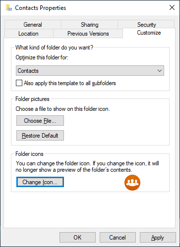 contacts folder customize tab - change icon