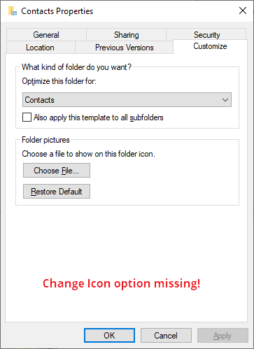 contacts folder - customize tab change icon missing 