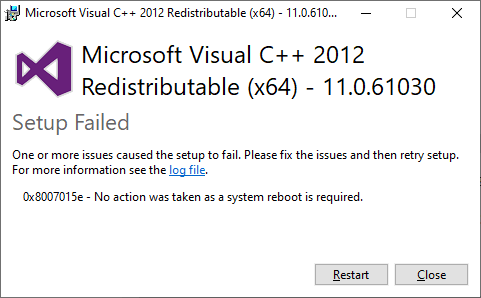 vc++ 2012 redistributables - error 0x8007015e