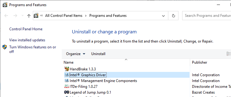 uninstall driver via add or remove programs