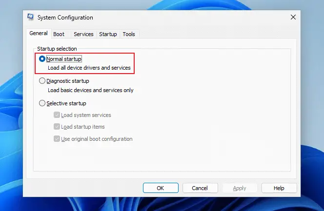 msconfig - switch to "normal startup"