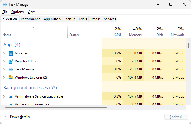 Legacy Task Manager user interface