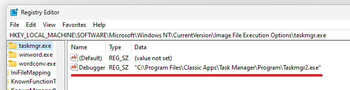 registry replace taskmgr.exe debugger