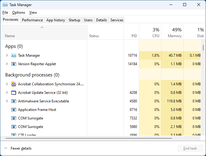 open classic task manager using taskmgr.exe -d