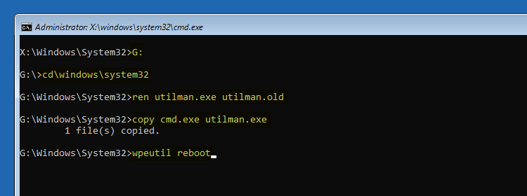rename cmd.exe to utilman.exe