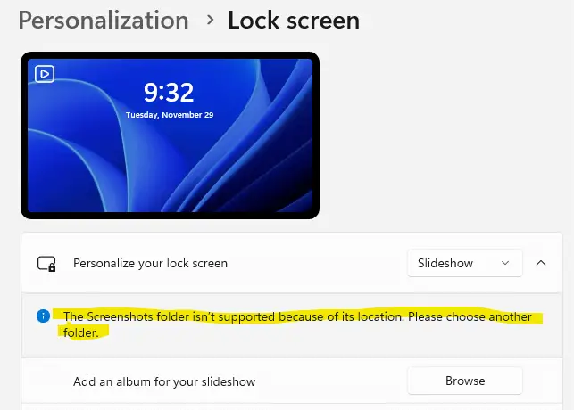lock screen slideshow - folder not supported