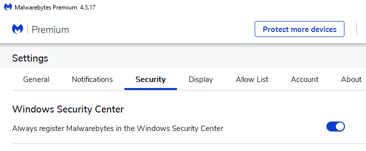 malwarebytes register windows security center
