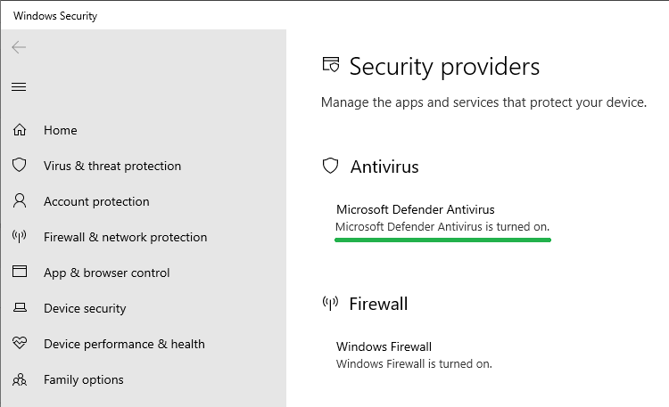 defender enabled in security providers