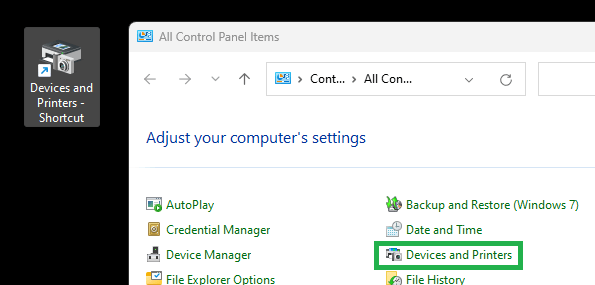 devices and printers desktop shortcut