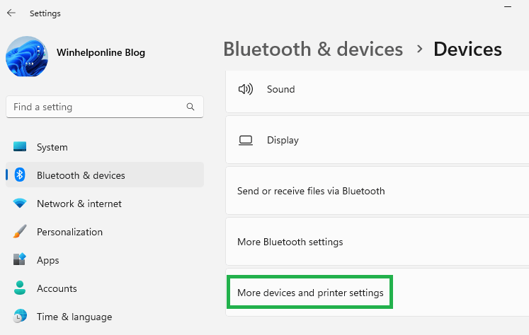 devices and printers - open via bluetooth settings