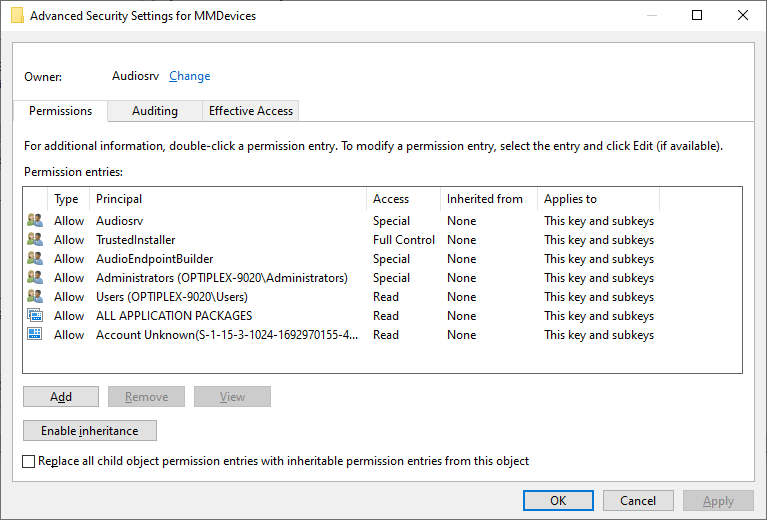 mmdevices default permissions