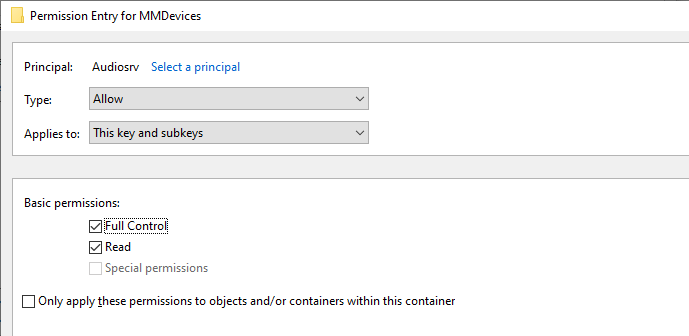 audiosrv mmdevices 0x80070005 permissions