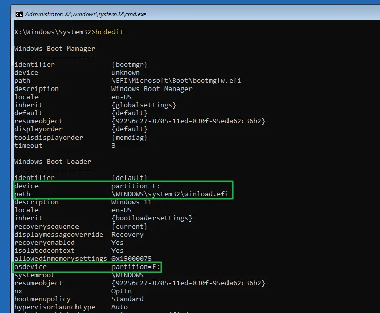 bcdedit - find windows drive letter osdevice