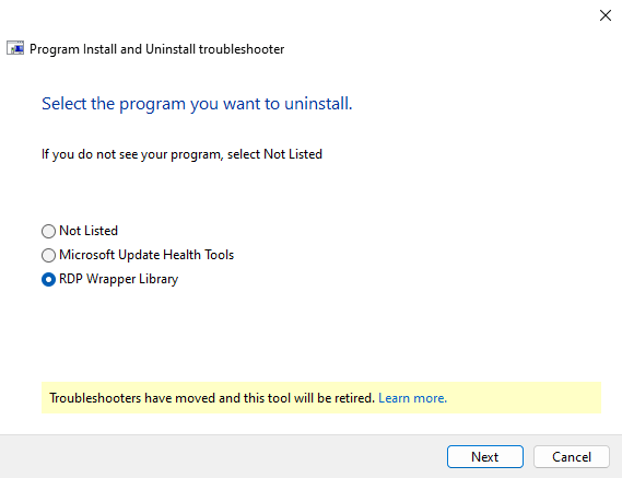 rdp wrapper clean uninstall using diagcab