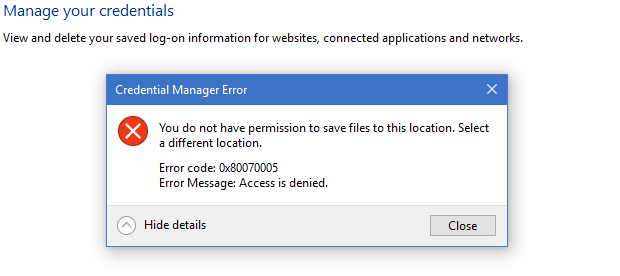 credential manager error 80070005 access denied