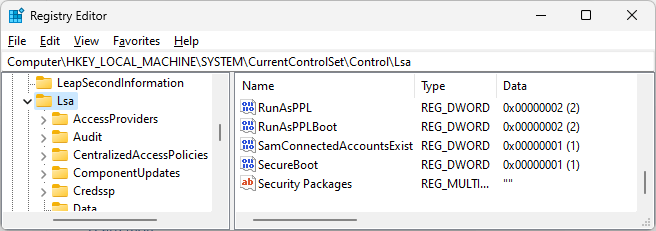 lsa protection warning - registry settings