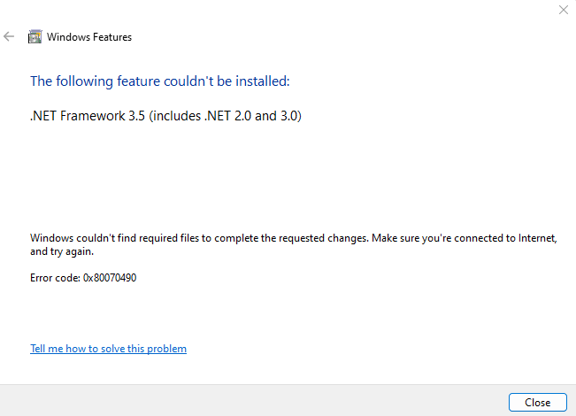 netfx3 error 0x80070490