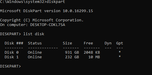 diskpart list disk