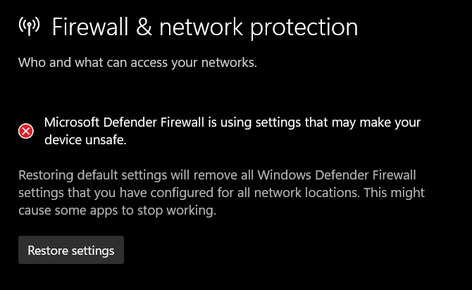windows firewall unsafe settings - reset