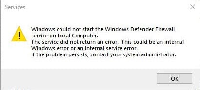 windows defender firewall service start error - the service did not return an error