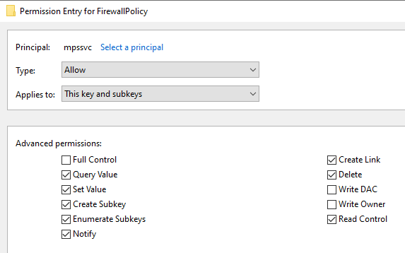 firewallpolicy permissions mpssvc