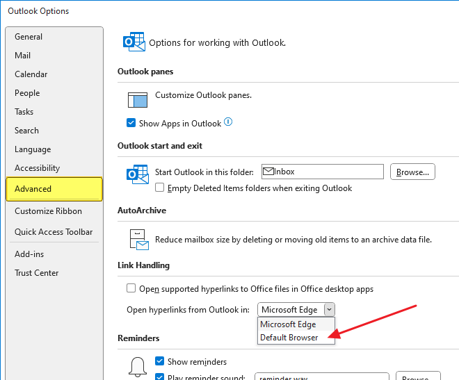 how to set default browser for hyperlinks in outlook