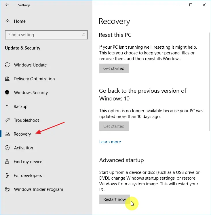 how to access windows re via Windows Update → Recovery