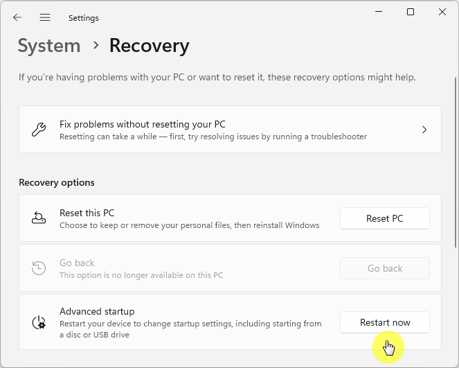 how to access windows re via Settings → Recovery