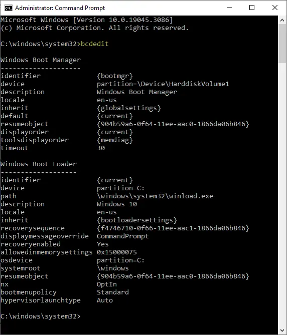 bcdedit output from admin command prompt