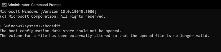 bcdedit cannot open BCD store - volume externally altered