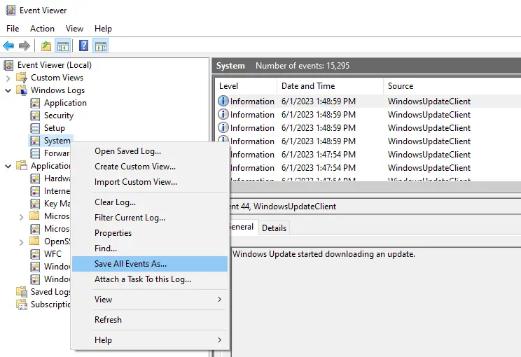 export event logs evtx