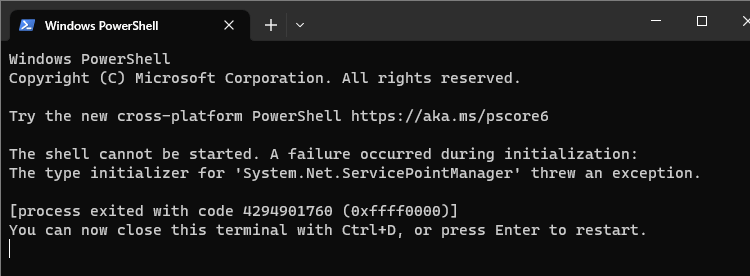 The shell cannot be started. The type initializer for 'System.Net.ServicePointManager' threw an exception
