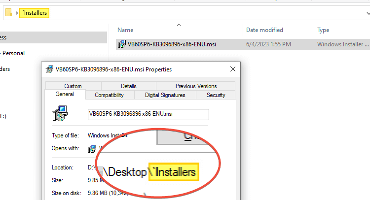 error windows installer package invalid - folder invalid character