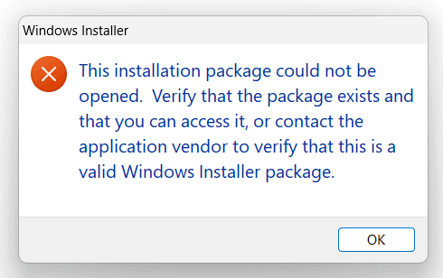error windows installer package invalid