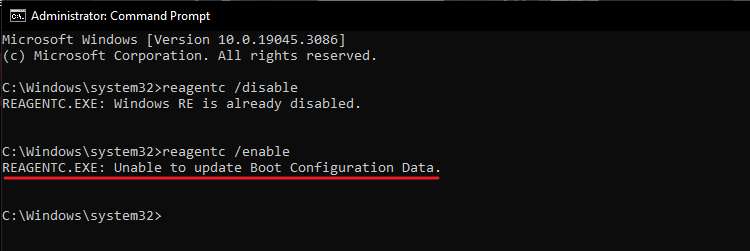 reagentc.exe: unable to update boot configuration data