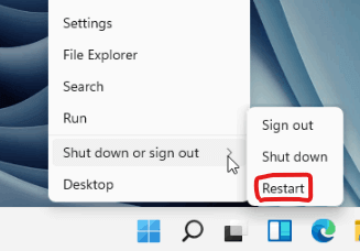 restart windows 11 via Start button or  Win+X