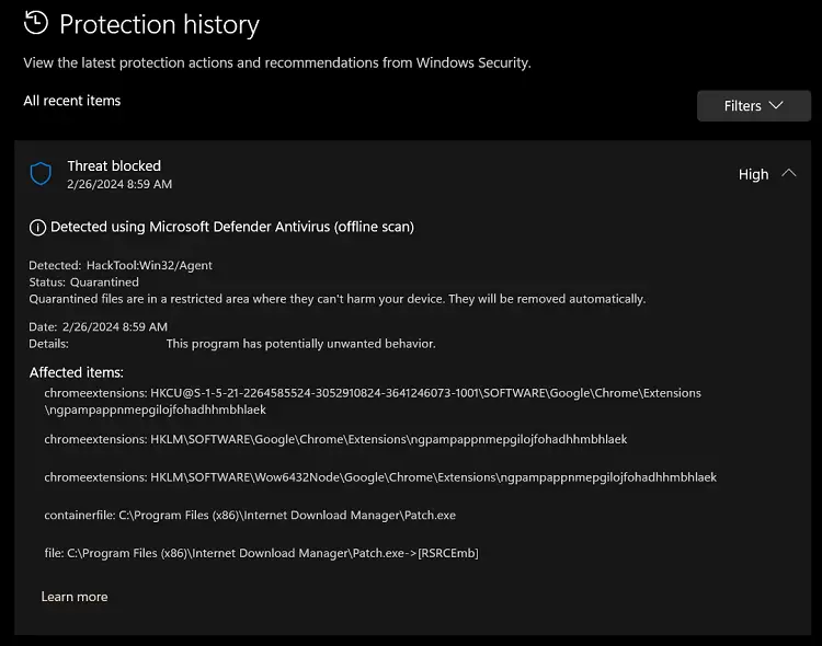 microsoft defender offline scanner - malware threat history