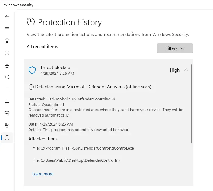 defender offline - threat history in windows security