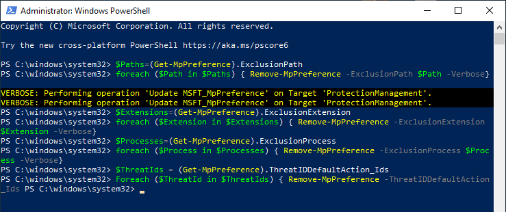 powershell reset exclusions