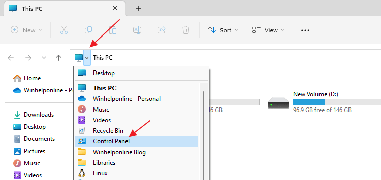 open control panel in windows 11 via explorer address bar